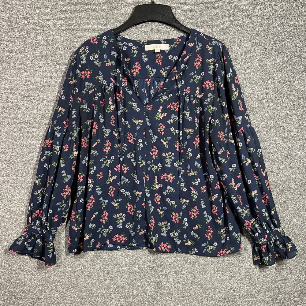 LOFT Navy Blue Floral Blouse Split Neck Tie Long Ruffle Sleeve Top M